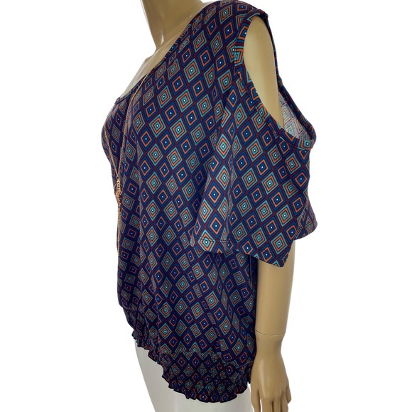 Goddess Cold-Shoulder Sz 3X Top Blouse Attached Necklace Stretch Hem Maroon/Blue - Picture 4 of 8